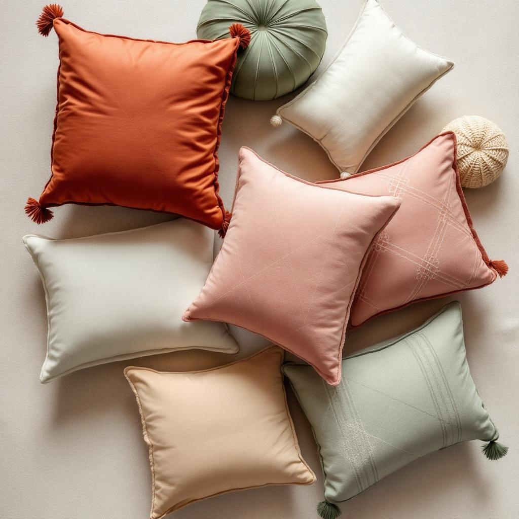 Collection coussins décoratifs en gros — velours, lin, coton, terracotta, rose, sauge